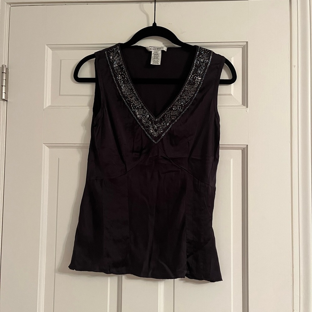 Vintage y2k 100% Nine West silk top with metallic beaded neckline